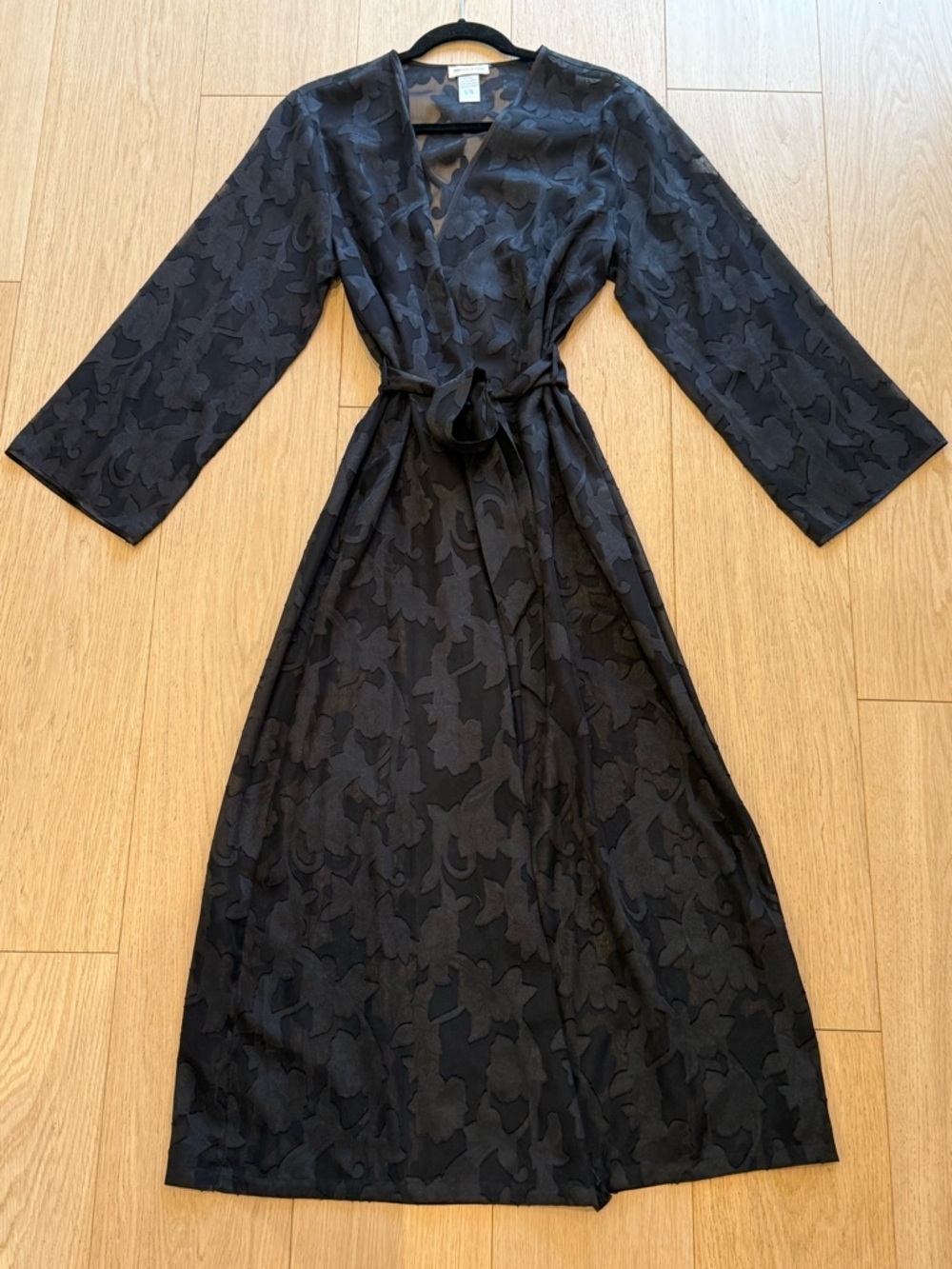 Vintage Black Lace Robe ✨ Sheer Romantic Duster L/XL Tie Waist - Picture 7 of 7